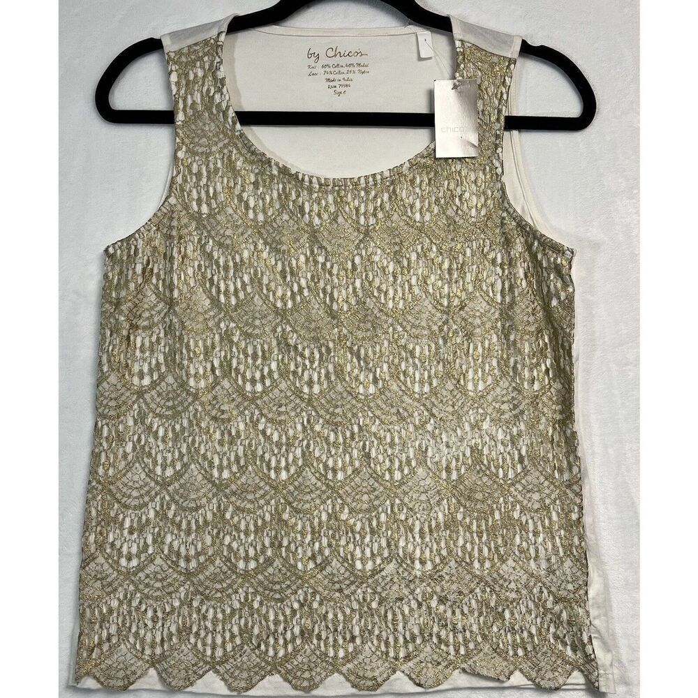 Chico's Tank Top Womens XS Ivory Gold Foil Lace Overlay Sleeveless Scoop
